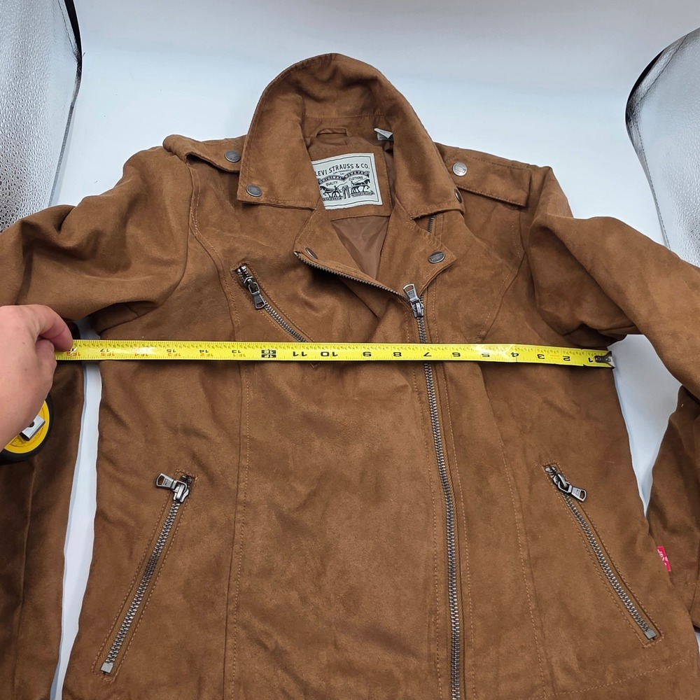 Levis Faux Suede Moto Jacket Womens Small Brown Asymmetrical Zip Biker Cognac O9 - Picture 6 of 16
